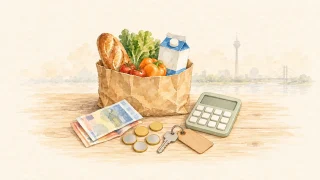 デュッセルドルフの生活費を表す買い物袋とユーロと電卓の水彩イラスト