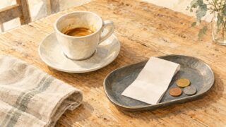 木のテーブルのコーヒーカップと、伝票や3枚の硬貨を載せた会計トレー、麻のナプキンの水彩イラスト。
