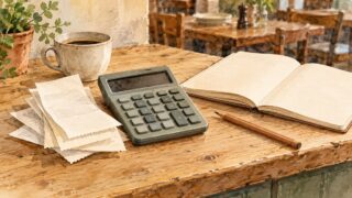 飲食店の木の机に置いた電卓、領収書の束、開いた帳面、鉛筆とコーヒーカップを描いた水彩イラスト。