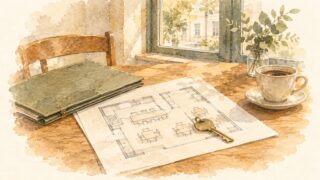 カフェの木のテーブルに広げた店舗の間取り図と鍵、緑のファイル、コーヒーカップを描いた水彩イラスト。