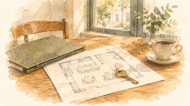 カフェの木のテーブルに広げた店舗の間取り図と鍵、緑のファイル、コーヒーカップを描いた水彩イラスト。