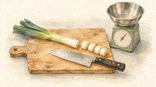 木のまな板に置いた包丁と切りかけのねぎ、その横に金属のボウル付きの料理用はかりを描いた水彩イラスト。