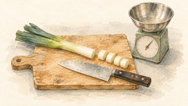 木のまな板に置いた包丁と切りかけのねぎ、その横に金属のボウル付きの料理用はかりを描いた水彩イラスト。