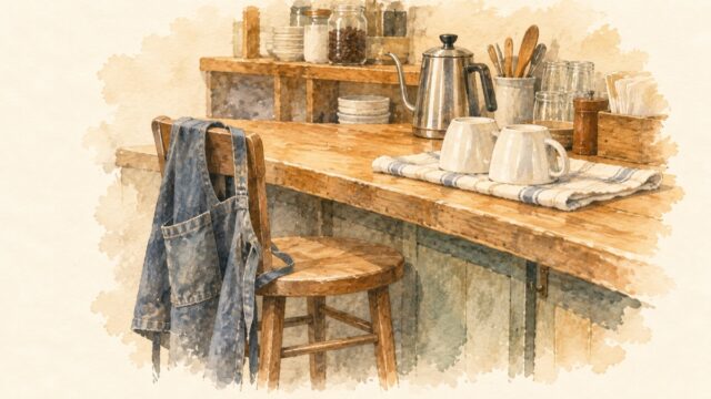 椅子に掛けた青いエプロンと、カウンターの伏せたカップやコーヒーポットを描いたカフェの水彩イラスト。