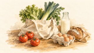 野菜の入った布の買い物袋と、トマト、卵、パン、牛乳瓶が木のテーブルに並ぶ水彩イラスト。