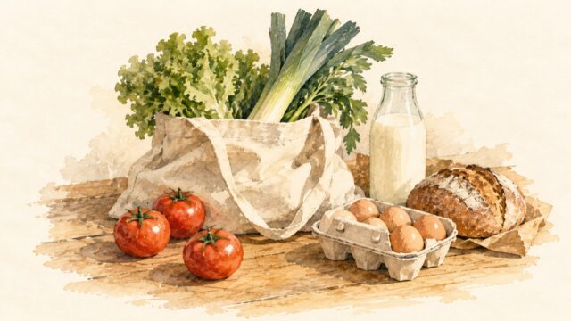 野菜の入った布の買い物袋と、トマト、卵、パン、牛乳瓶が木のテーブルに並ぶ水彩イラスト。