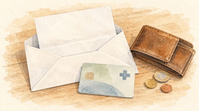 開いた封筒と手紙、青緑色の保険証を表すカード、茶色の財布と3枚の硬貨を描いた水彩イラスト。